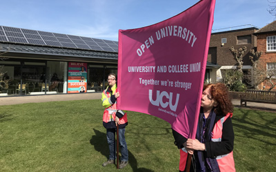 OU branch of UCU banner on the Mulberry Lawn - March 2018