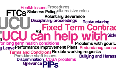 Word cloud of some of the things UCU can help you with.